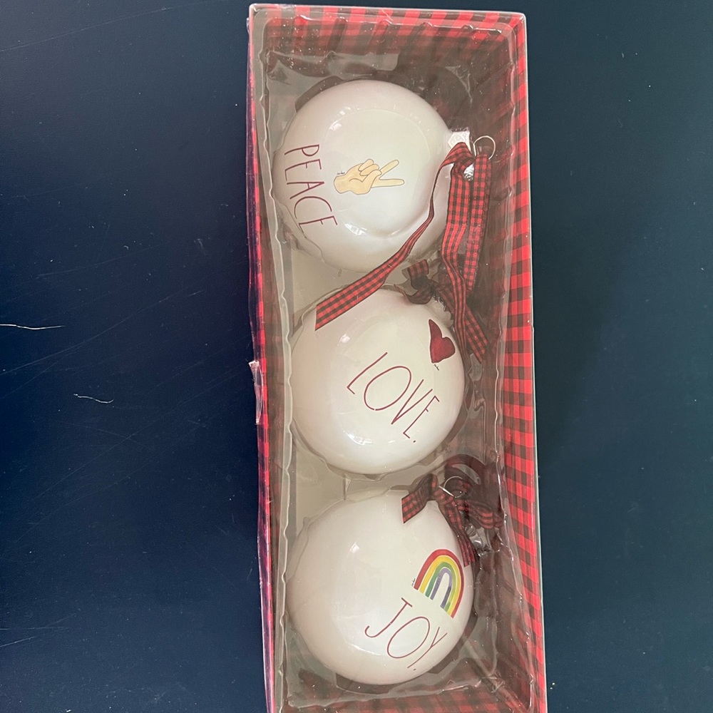 RAE DUNN Peace Love Joy glass Christmas ornaments NIB